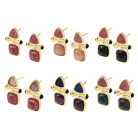 Ion Plating(IP) Natural Mixed Stone Stud Earring Findings, with Golden Plated Brass Findings, Square