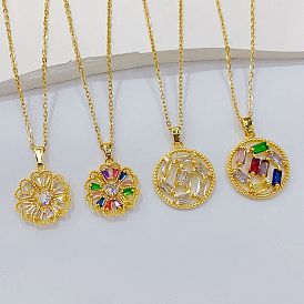 Colorful Zircon Flower Necklace with European and American Gold Plating, Elegant and Fashionable Clover Collarbone Chain Jewelry.