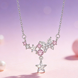 Collares con colgante de mariposa en forma de estrella con circonitas cúbicas transparentes y rosas, de latón, para mujer.