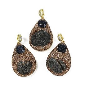 Raw Natural Tektite & Synthetic Blue Goldstone Big Pendants, Teardrop Charms with Brass Topaz Rhinestone Findings