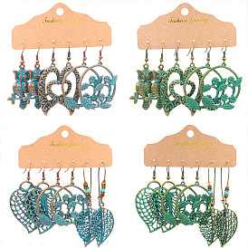 Retro Alloy Earrings Set with Leaf and Heart-shaped Pendants (3 Pieces)