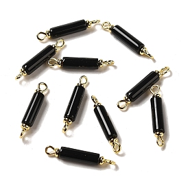 Natural Black Onyx(Dyed & Heated) Connector Charms, Column Links with Real 18K Gold Plated Brass Double Loops