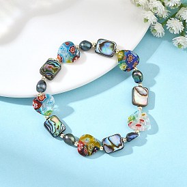 Handmade Millefiori Lampwork Heart & Dyed Rice Natural Pearl & Rectangle Paua Shell Beaded Stretch Bracelets, Golden