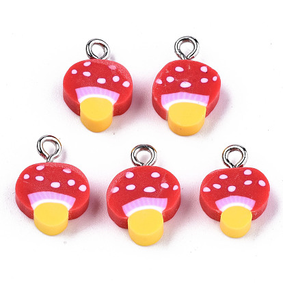 Handmade Polymer Clay Charms, with Platinum Tone Iron Findings, Mushroom