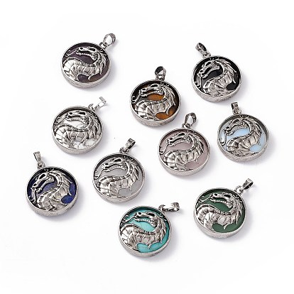 Gemstone Pendants, Flat Round Charms with Rack Plating Antique Silver Tone Brass Dragon, Cadmium Free & Lead Free