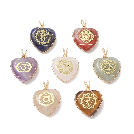 7 шт. 7 стили чакра натуральный тигровый глаз и содалит и красная яшма и кварцевый кристалл и зеленый авантюрин и аметист и красный авантюрин подвески в виде сердца из медной проволоки, золотой свет