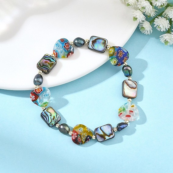 Handmade Millefiori Lampwork Heart & Dyed Rice Natural Pearl & Rectangle Paua Shell Beaded Stretch Bracelets, Golden