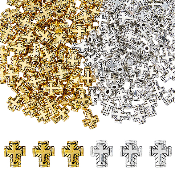 160Pcs 2 Colors Tibetan Style Alloy Beads, Cross, Cadmium Free & Lead Free