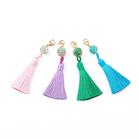 Polyester Tassel Big Pendant Decorations, with Handmade Bumpy Lampwork Beads and Golden 304 Stainless Steel Lobster Claw Clasps