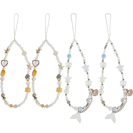 4шт. 2 стили ремешков для мобильных телефонов из стеклянных и пластиковых бусин и цепочек, с подвеской из железа и сплава, разнообразные