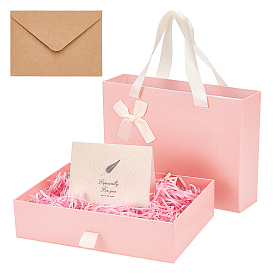 BENECREAT 1pc Paper Jewelry Boxes with Bowknot, with 30g Raffia Crinkle Cut Paper Shred Filler & 2 Set Leaf Pattern Kraft Envelopes and Greeting Cards Set
