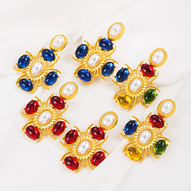 Bohemian Cross-shaped Resin Earrings in Bold Gold Alloy for Women's Fashion Statement