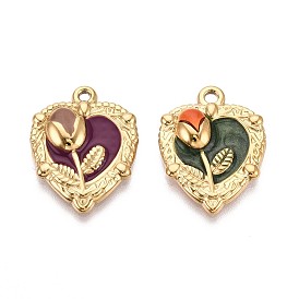 304 подвески из нержавеющей стали и эмали, сердце с цветочными подвесками, ионное покрытие (ip), реальный 18 k позолоченный
