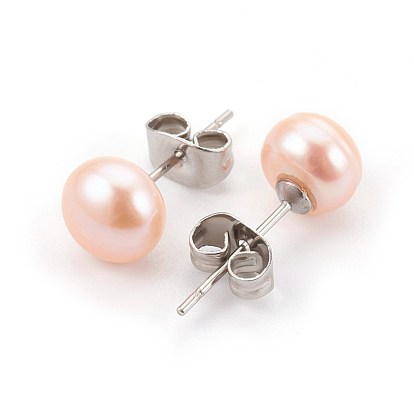 Natural Pearl Beads Ear Studs, with 304 Stainless Steel Findings, Round