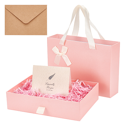 1pc Paper Jewelry Boxes with Bowknot, with 30g Raffia Crinkle Cut Paper Shred Filler & 2 Set Leaf Pattern Kraft Envelopes and Greeting Cards Set