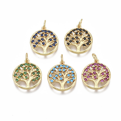 Brass Micro Pave Cubic Zirconia Pendants, with Jump Ring, Nickel Free, Real 18K Gold Plated, Flat Round with Tree of Life