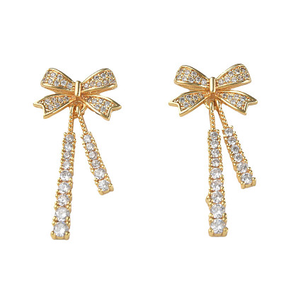 Brass Micro Pave Clear Cubic Zirconia Pendants, Nickel Free, Bowknot