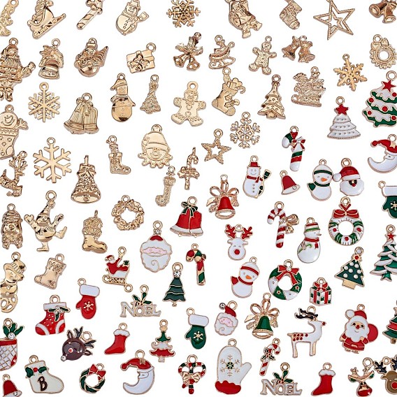 100Pcs Christmas Alloy Enamel Charms, Golden, Mixed Shapes