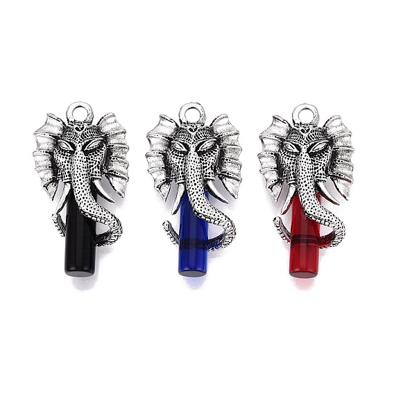 Pendentifs en verre d'alliage, colonne avec des charmes d'éléphants Ganesha, argent antique
