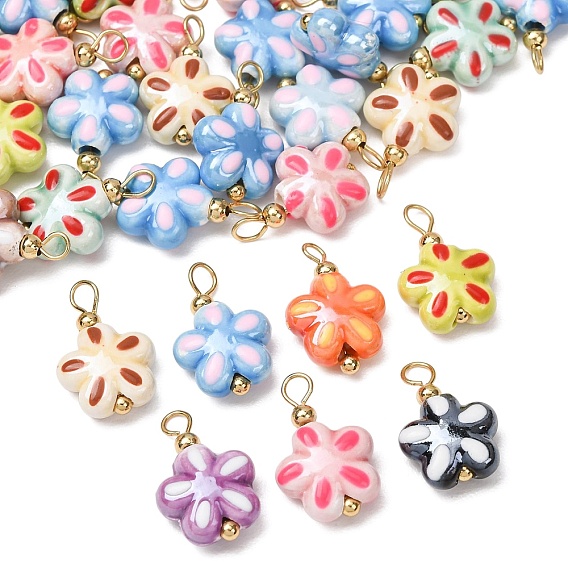 Handmade Porcelain Pendants, with Brass Findings, Hand Painted, Flower Charms, Real 18K Gold Plated