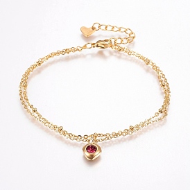 304 Stainless Steel Cable Chain Bracelets, Multi-strand Bracelets, with Rhinestone, Lobster Claw Clasps, Heart, Golden