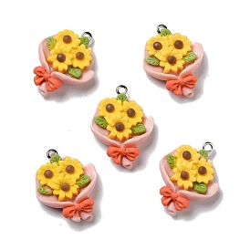 Opaque Resin Pendants, with Platinum Tone Iron Loops, Sunflower