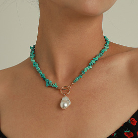 Chic Green Turquoise Statement Necklace with Large Irregular Pearl OT Clasp for Women