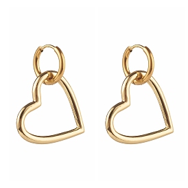 304 Stainless Steel Huggie Hoop Earrings, with Brass Pendants, Heart