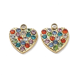 Ion Plating(IP) 304 Stainless Steel Charms, with Colorful Rhinestone, Heart Charm