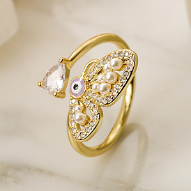 Elegant Butterfly Pearl and Zircon Geometric Open Ring for Women