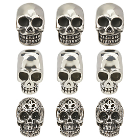 9 шт. 3 стили 304 европейские бусины из нержавеющей стали, бусины с большим отверстием, череп