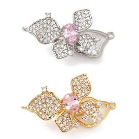 Flower Brass Micro Pave Cubic Zirconia Fold Over Clasps, with Glass, Long-lasting Plated