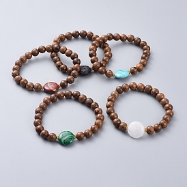 Brazalete tramo de piedras preciosas, con cuentas de madera y cuentas espaciadoras de aleación chapadas en oro
