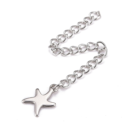 Tarnish Resistant 304 Stainless Steel Chain Extender, Curb Chain, with 202 Stainless Steel Charms, Starfish