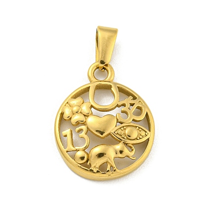 Ion Plating(IP) 304 Stainless Steel Pendants, Flat Round with Heart & Elephant Charm