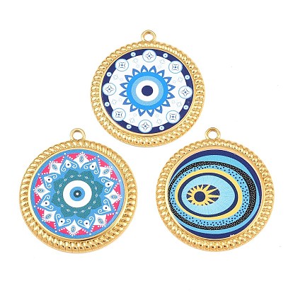 304 Stainless Steel Pendants, Flat Round with Evil Eye Charms, Ion Plating(IP), Real 18K Gold Plated