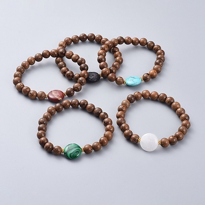 Brazalete tramo de piedras preciosas, con cuentas de madera y cuentas espaciadoras de aleación chapadas en oro