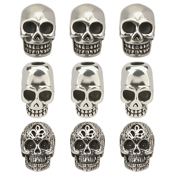 9 шт. 3 стили 304 европейские бусины из нержавеющей стали, бусины с большим отверстием, череп