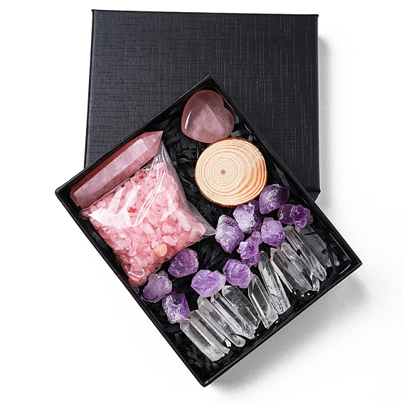 Natural Amethyst & Rose Quartz & Quartz Crystal Ornaments Set Box, Reiki Energy Stone Display Decorations, Mixed Shapes
