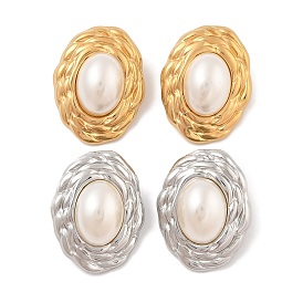 304 Stainless Steel Stud Earrings, with Plastic Imitation Pearl, Oval