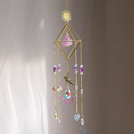 Gemstone Chip Pendant Decorations, Hanging Suncatchers, with Metal Sun Link and Glass Charm, for Home Garden Decorations
