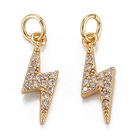 Brass Clear Cubic Zirconia Charms, with Jump Ring, Long-Lasting Plated, Lead Free & Cadmium Free, Lightning