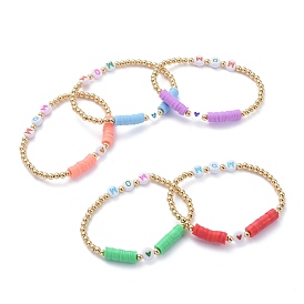 Cadeaux du jour de mère, bracelets élastiques, avec des perles heishi en pâte polymère, perles acryliques initiales et perles en laiton plaqué or, mot maman