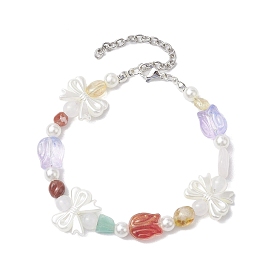 Natural Gemstone & Plastic Pearl Beaded Bracelets, Rose & Bowknot Bracelets for Women