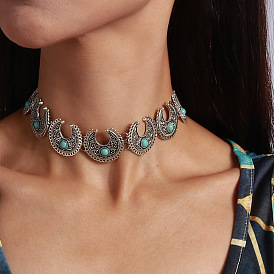  Bohemian ethnic style pattern necklace moon turquoise collar necklace collarbone chain