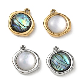 Natural Shell Pendants, 304 Stainless Steel Irregular Flat Round Charms