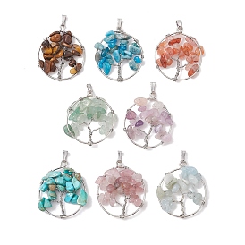 8Pcs 8 Styles Natural Mixed Stone Chip Copper Wire Wrapped Pendants, 304 Stainless Steel Tree of Life Charms, Platinum, Mixed Dyed and Undyed