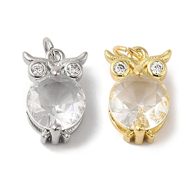 Rack Plating Brass Micro Pave Clear Cubic Zirconia Charms, Long-Lasting Plated, Lead Free & Cadmium Free, Owl, with Jump Ring