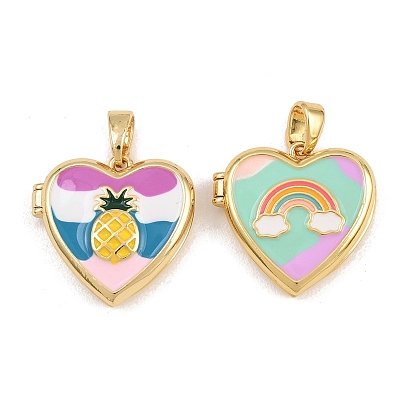 Brass with Enamel Locket Pendants, Heart Charms, Cadmium Free & Lead Free, Long-Lasting Plated, Rack Plating, Colorful