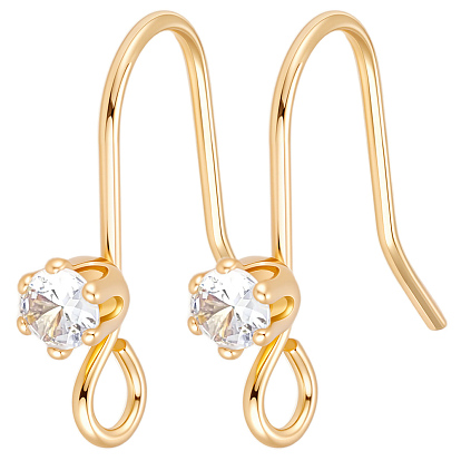 32шт. латунные крючки для сережек с прозрачными кубическими циркониями, без никеля , плоско-круглые, с петлей